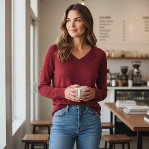 Lucky Brand Pull Over Sweater Burgundy Preppy Casual SZ Med Lightweight V Neck